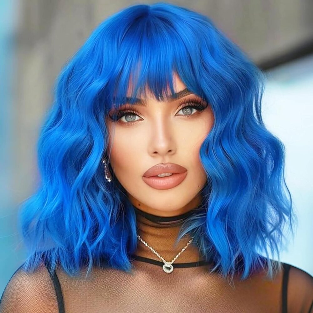Women's Blue 14 Inches Short Pastel Curly Shoulder Length Synthetic Wig